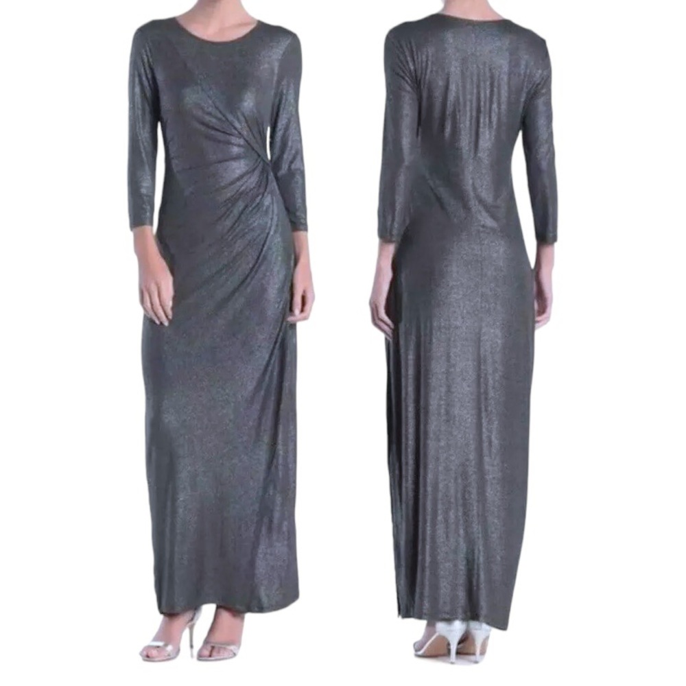 Spense Foil Side Knot Maxi Dress Small 2 4 Shimmering Heather Charcoal Gray NWT